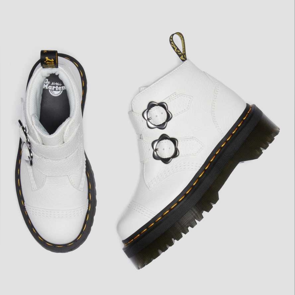 NIB DR. MARTENS Devon Flower Buckle White Leather Platform Boots Various Sizes - Picture 4 of 15